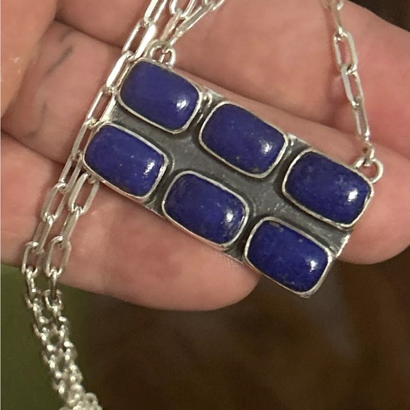 STERLING SILVER NATIVE AMERICAN SW LAPIS BAR NECKLACE PAPER CLIP CHAIN .925 - Picture 5 of 9